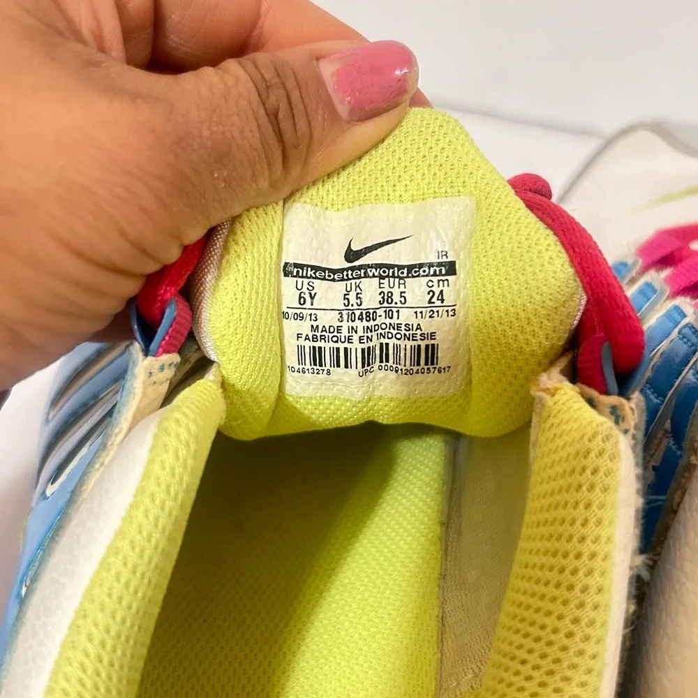 Nike Kids Shox Sneakers in White with Blue, Pink & Neon Yellow Accents